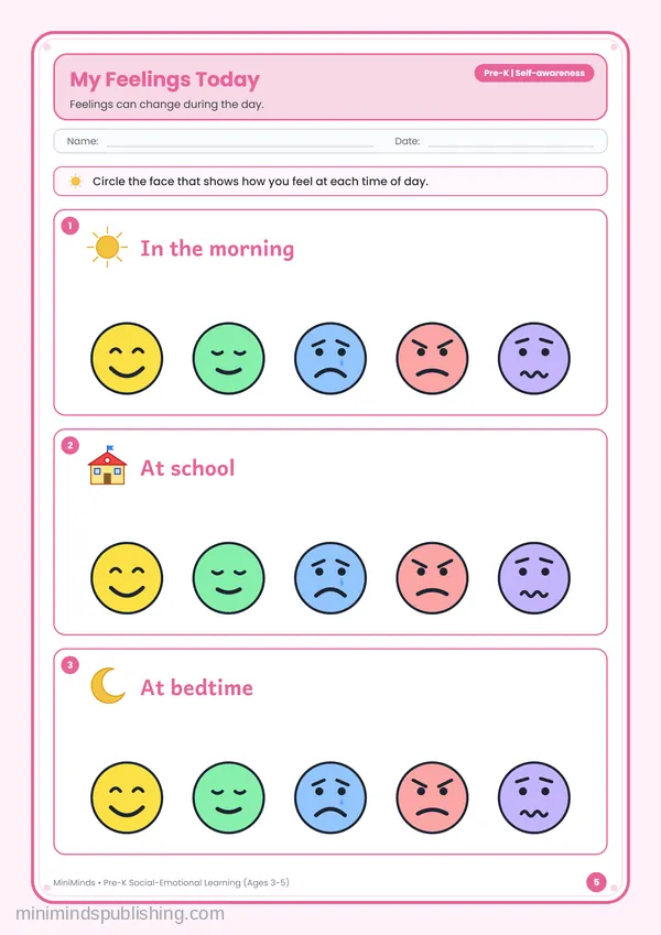 My Feelings Today — free printable Pre-K worksheet