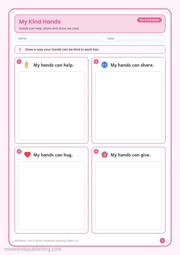 My Kind Hands — free printable Pre-K worksheet