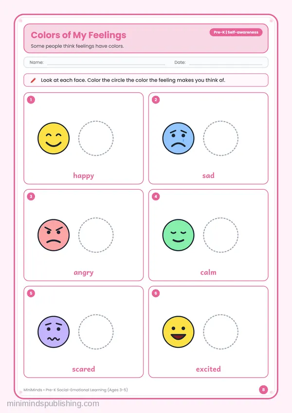 Colors of My Feelings — free printable Pre-K worksheet