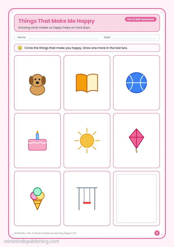 Things That Make Me Happy — free printable Pre-K worksheet