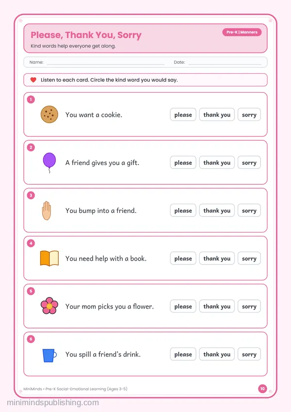 Please, Thank You, Sorry — free printable Pre-K worksheet