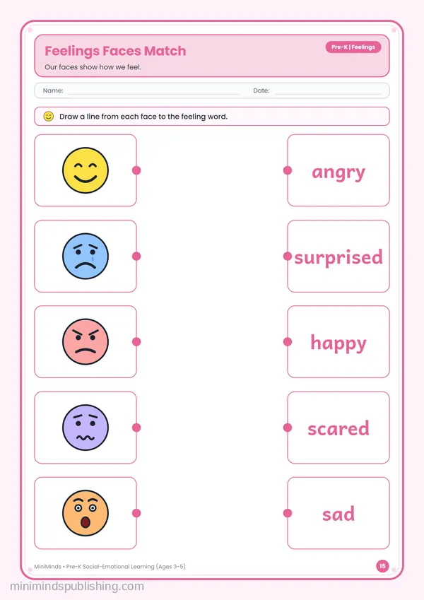 Feelings Faces Match — free printable Pre-K worksheet