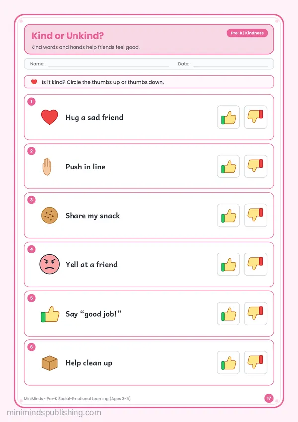 Kind or Unkind? — free printable Pre-K worksheet
