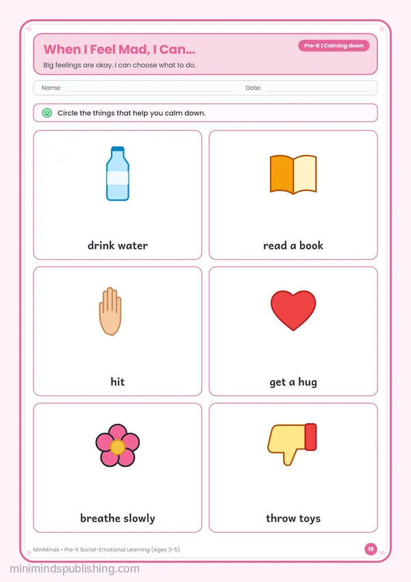 When I Feel Mad, I Can… — free printable Pre-K worksheet