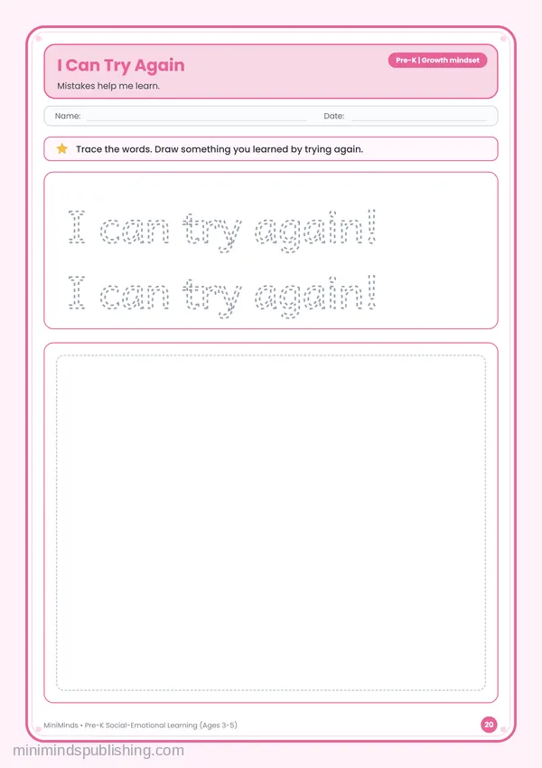 I Can Try Again — free printable Pre-K worksheet