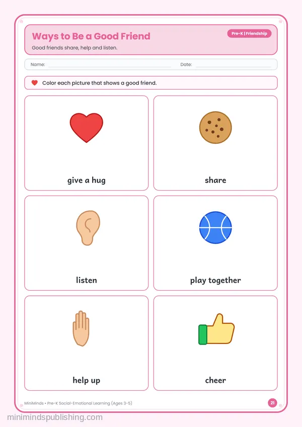 Ways to Be a Good Friend — free printable Pre-K worksheet