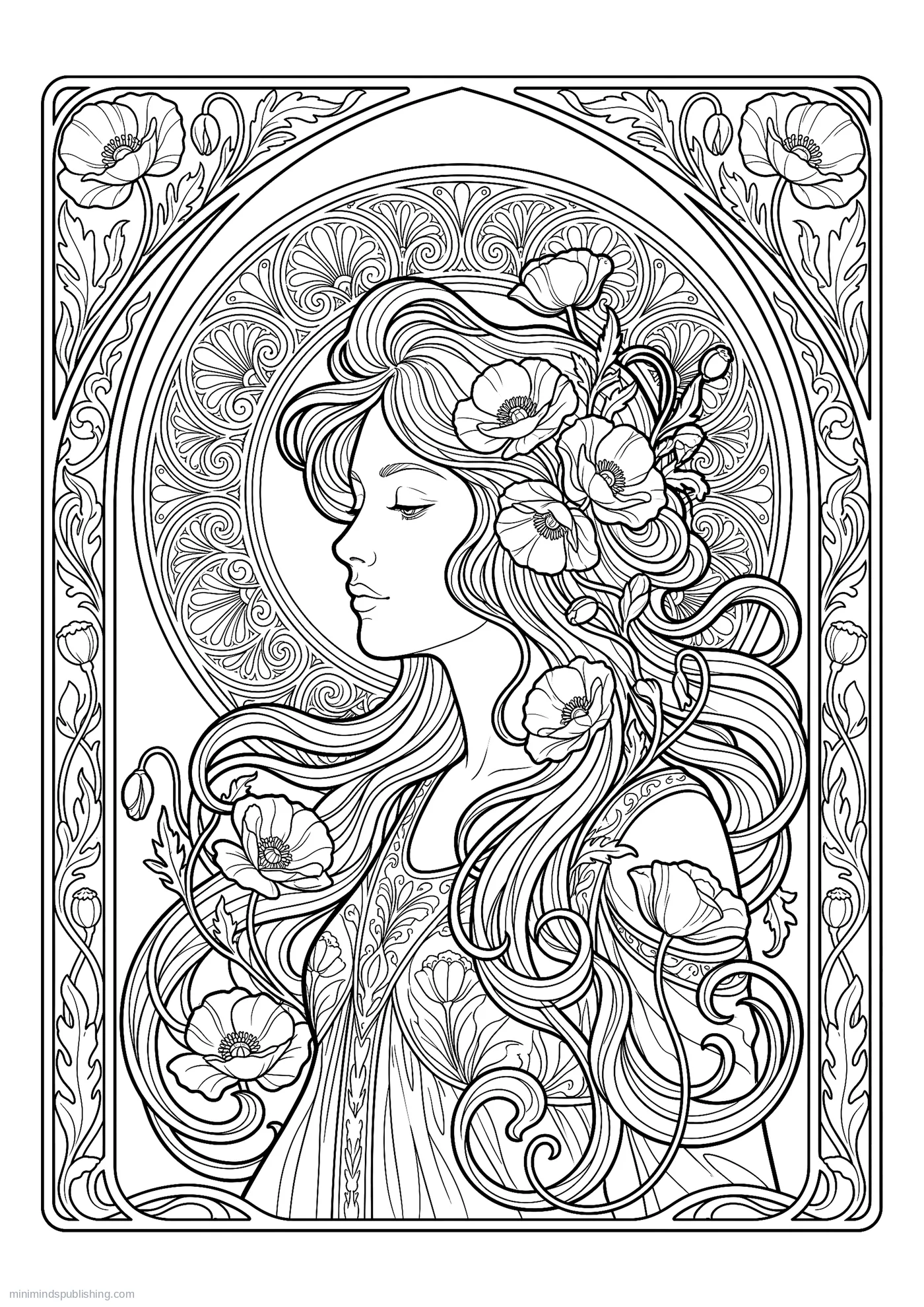 Woman with Long Flowing Hair Entwined with Poppies โ free printable art nouveau coloring page for adults