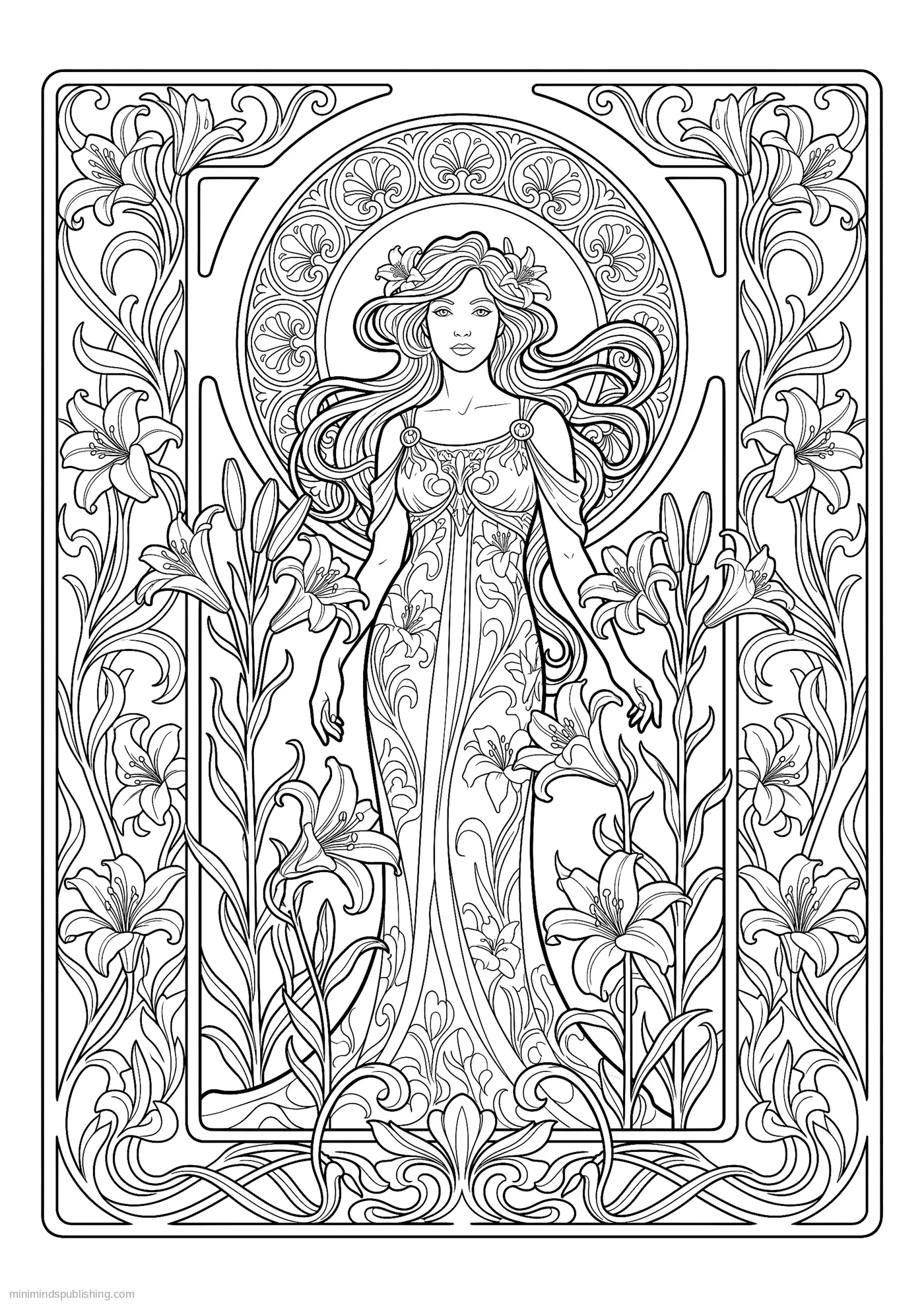 Woman among Towering Lilies โ free printable art nouveau coloring page for adults