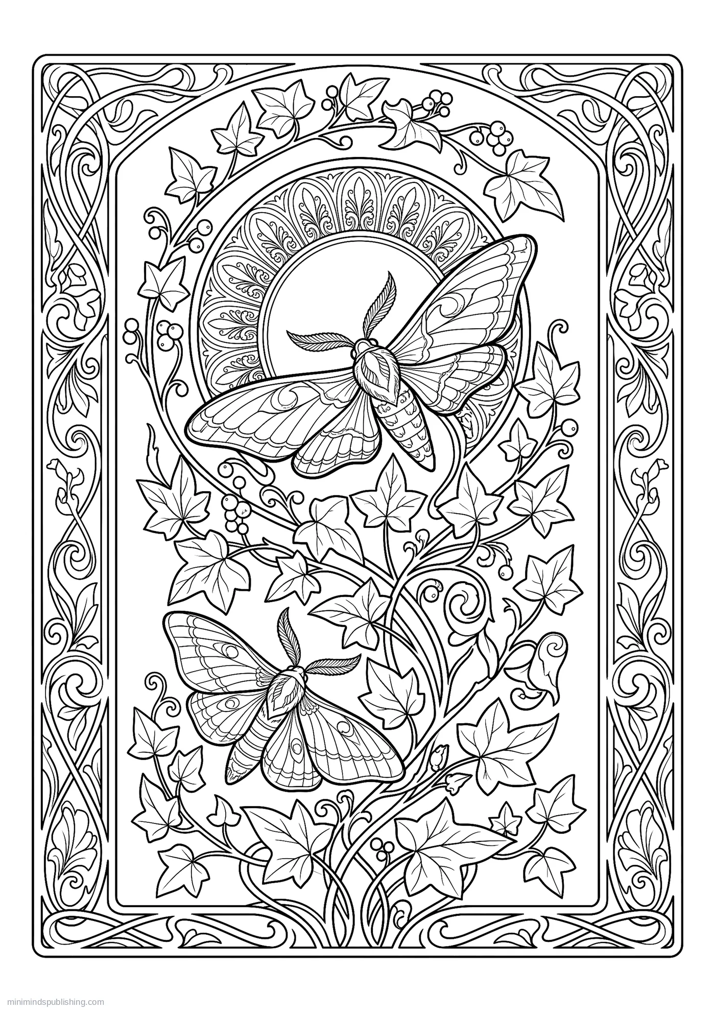 Panel of Climbing Ivy and Moths โ free printable art nouveau coloring page for adults