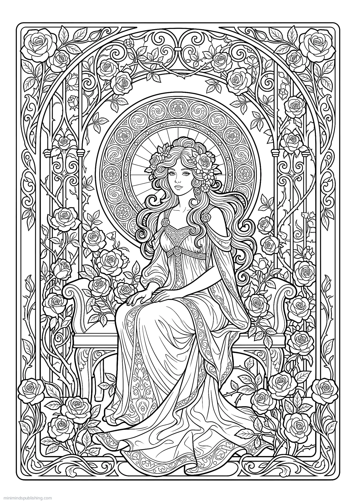 Woman Seated in a Rose Arbour โ free printable art nouveau coloring page for adults