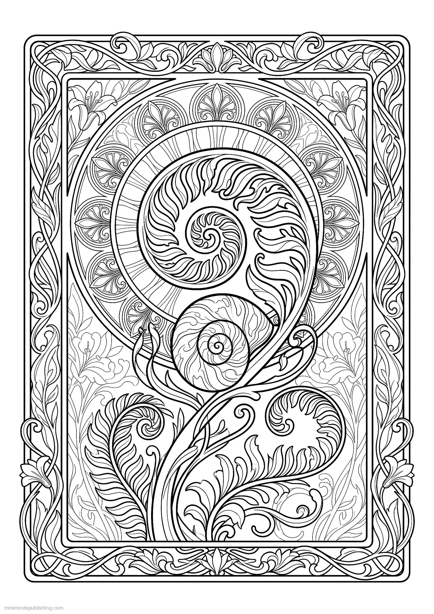 Unfurling Fern with a Spiral Snail Shell โ free printable art nouveau coloring page for adults