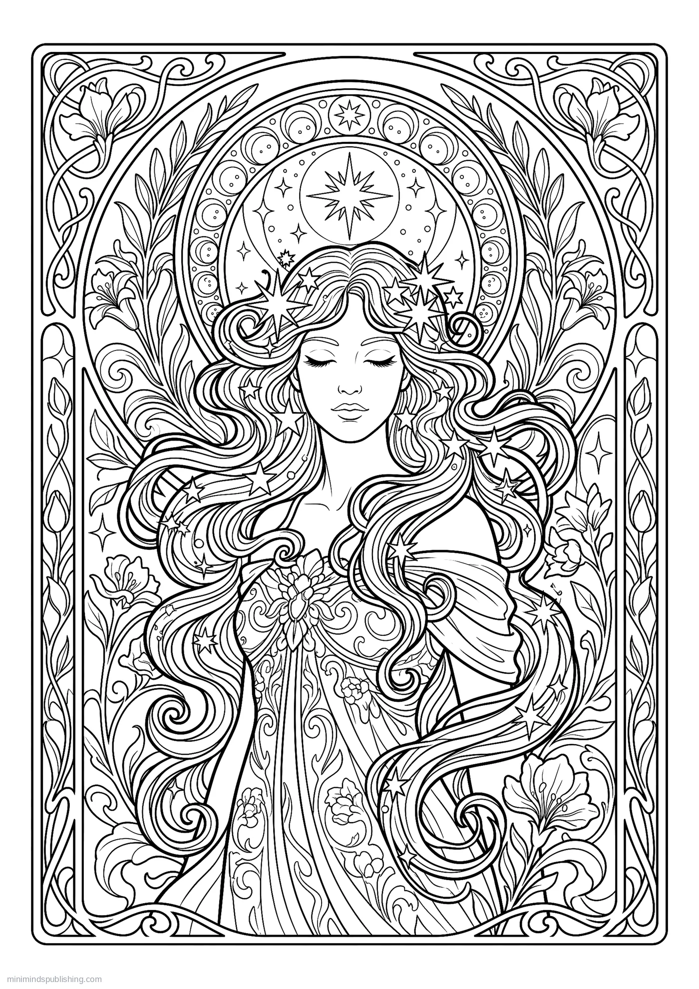 Woman with Stars Caught in Her Hair โ free printable art nouveau coloring page for adults