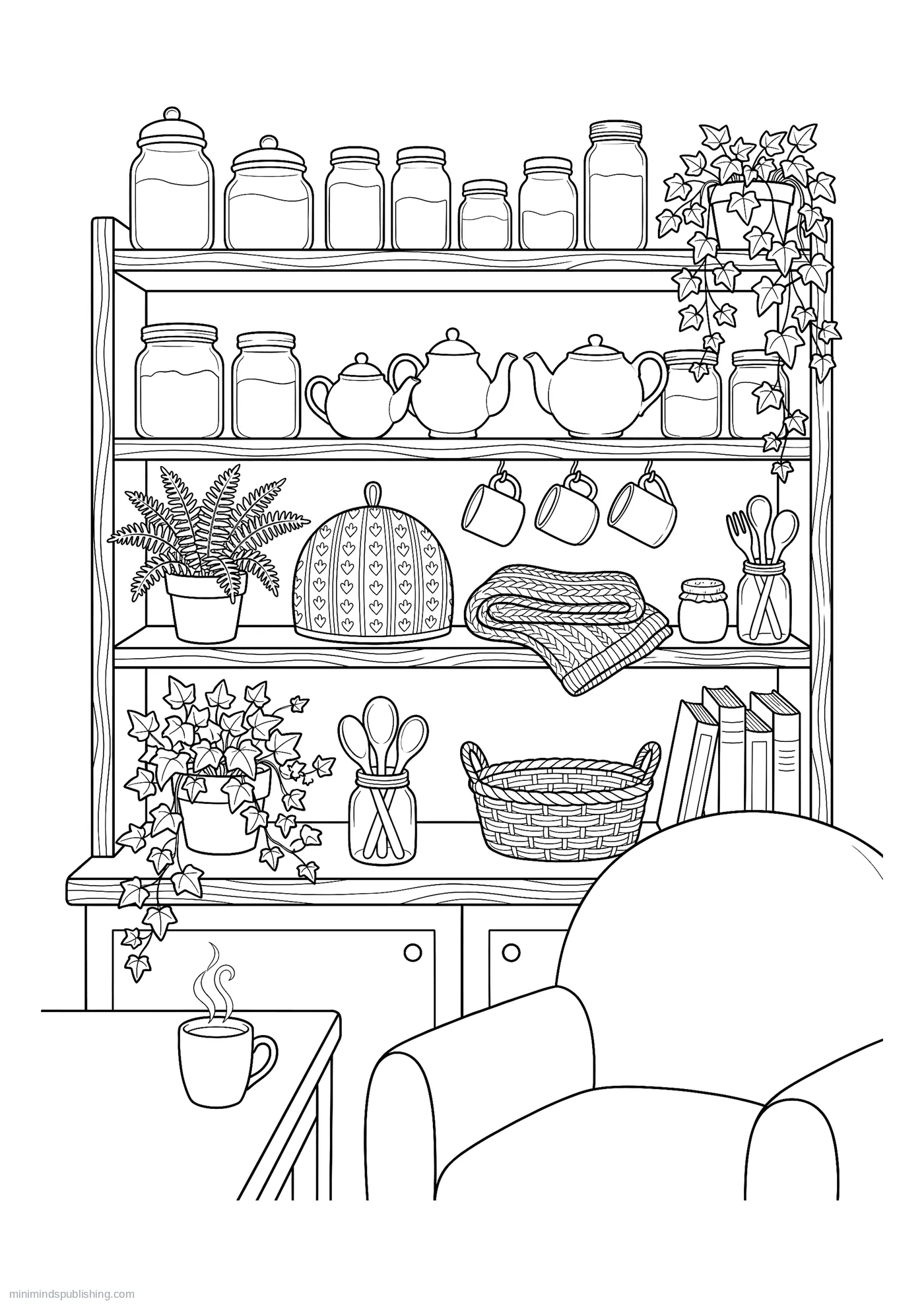 Kitchen Shelf of Storage Jars, Teapots and Hanging Mugs โ free printable cozy corners coloring page for adults