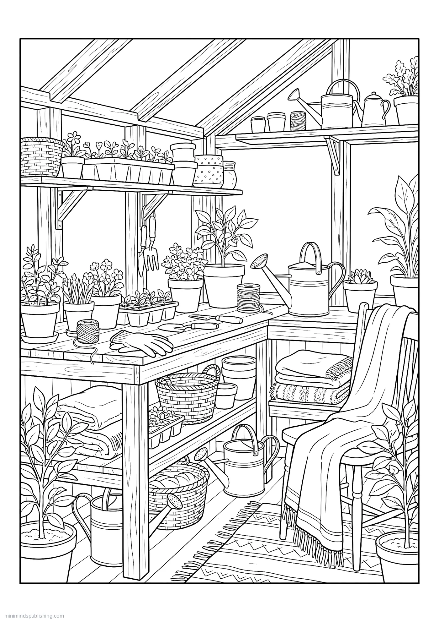Greenhouse Potting Bench with Seed Trays and Watering Cans โ free printable cozy corners coloring page for adults