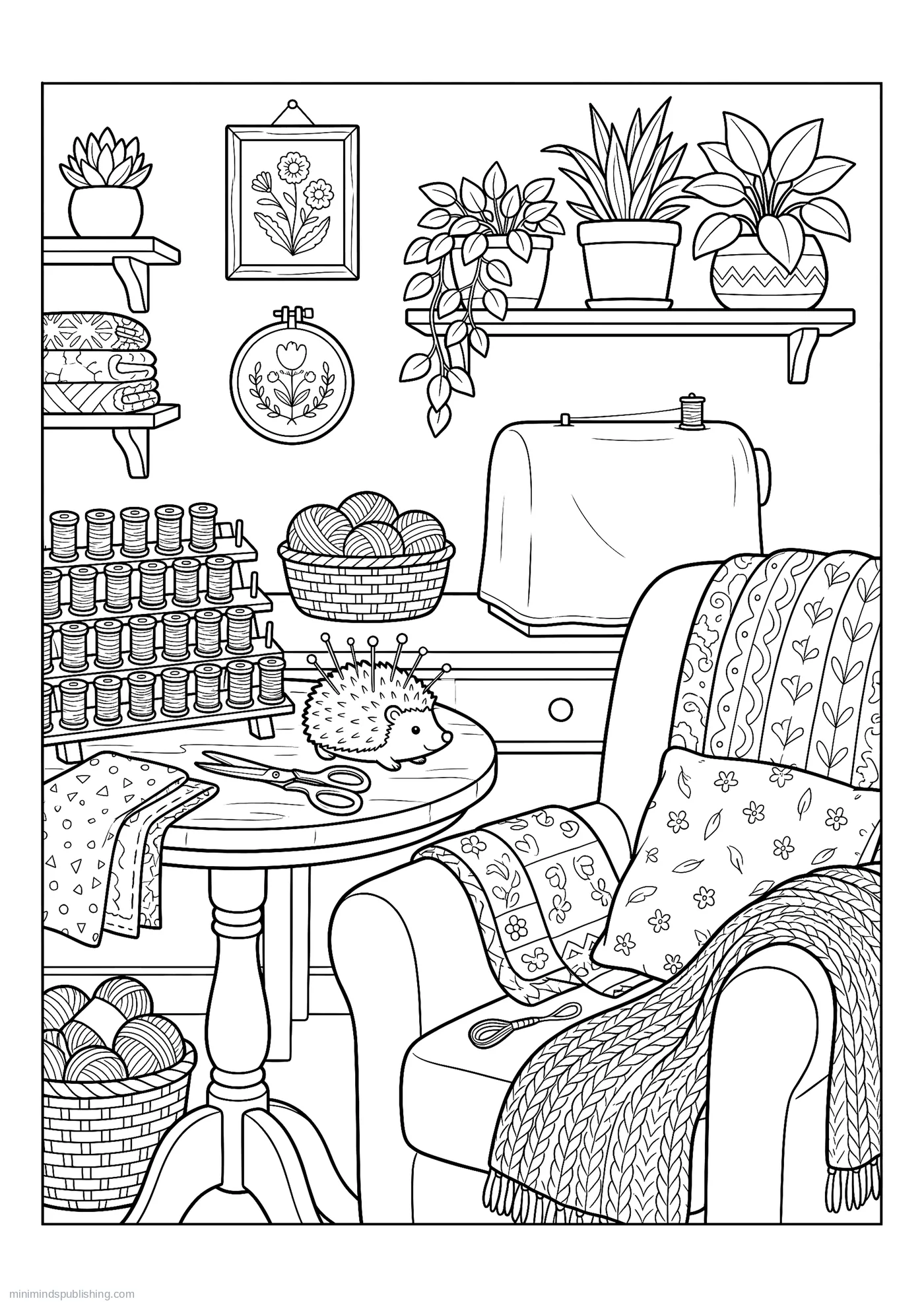 Sewing Corner with Spools, Scissors and a Pincushion โ free printable cozy corners coloring page for adults