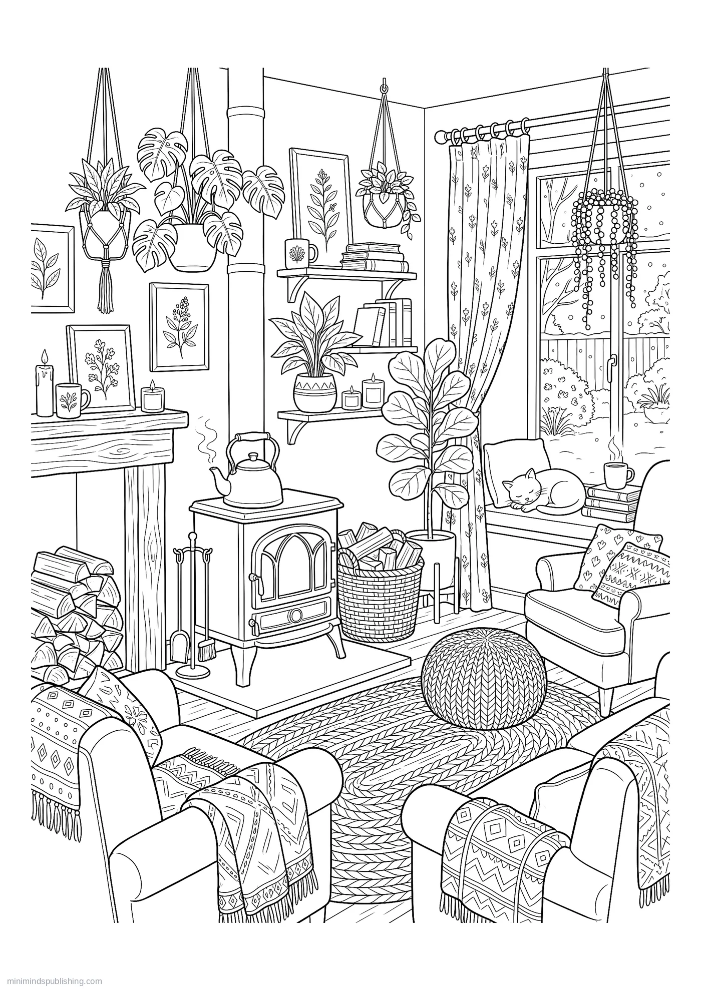 Wood Stove with a Kettle and a Basket of Firewood โ free printable cozy corners coloring page for adults