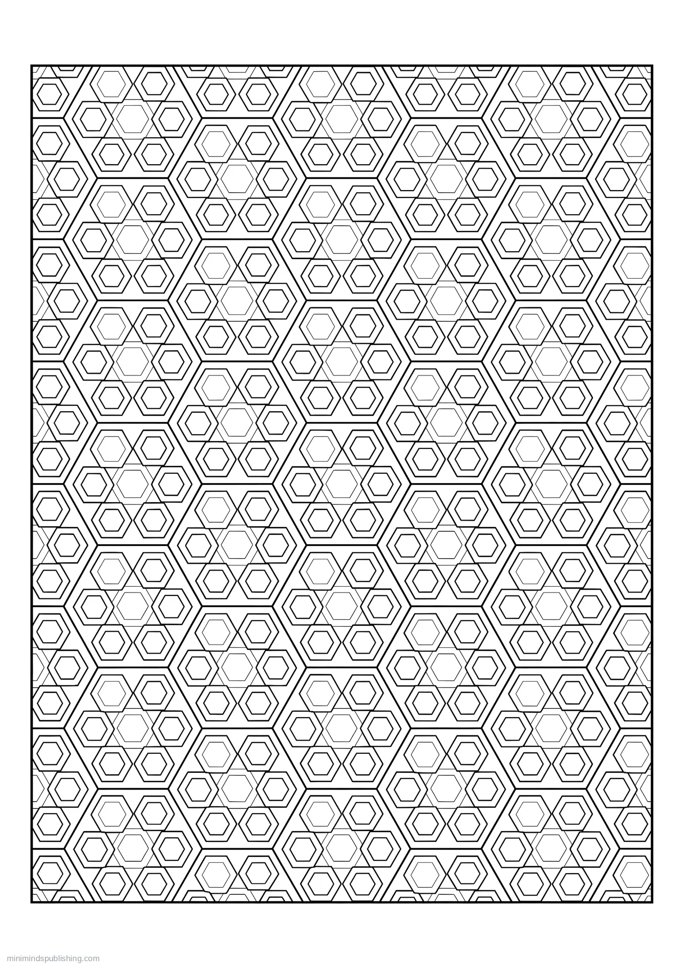 Interlocking Hexagons Tessellating Across the Page โ free printable intricate patterns coloring page for adults
