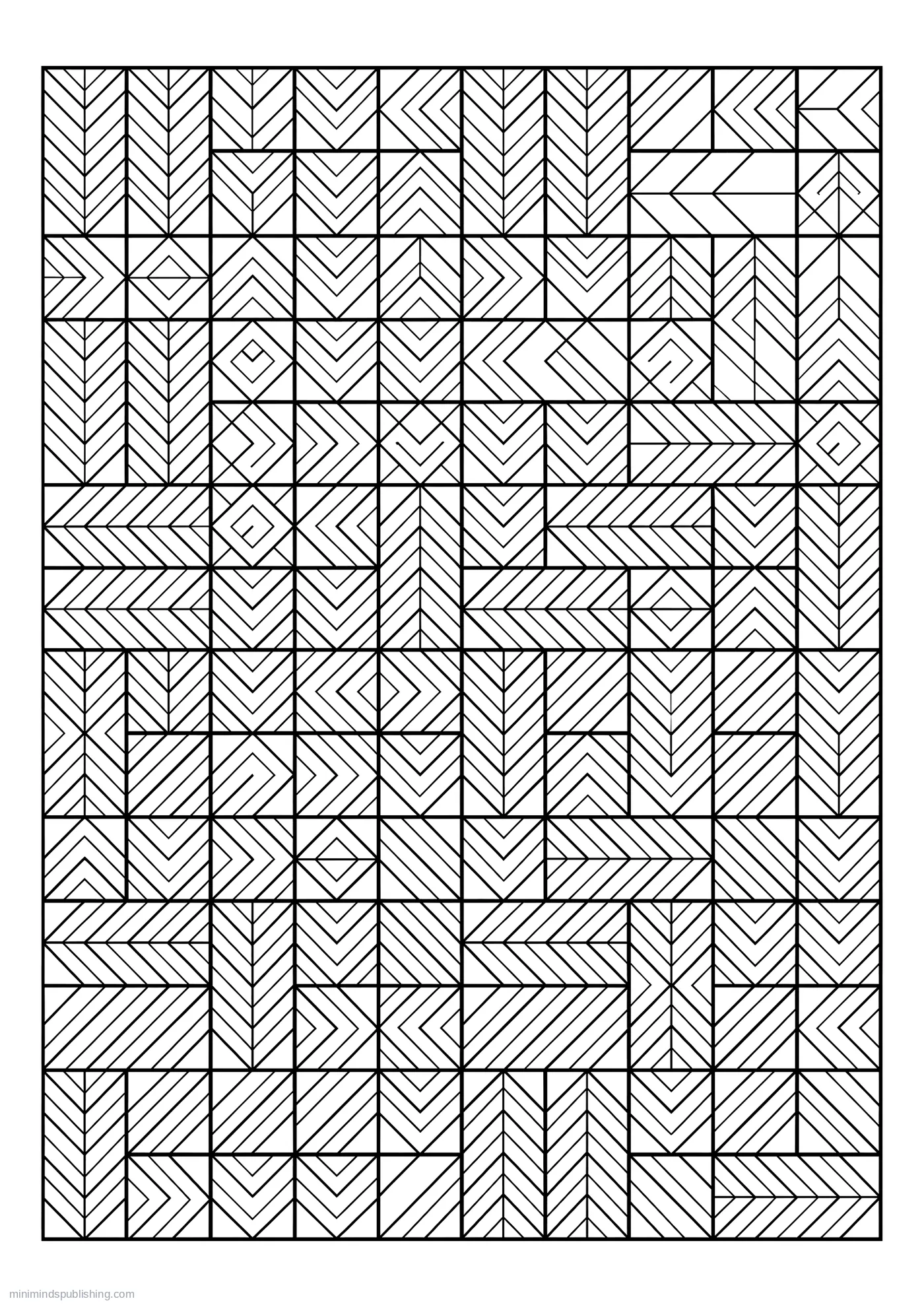 Grid of Herringbone and Chevron Blocks โ free printable intricate patterns coloring page for adults