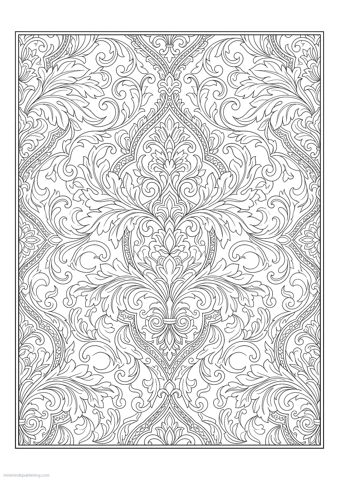 Symmetrical Damask Repeat of Scrolling Leaves โ free printable intricate patterns coloring page for adults
