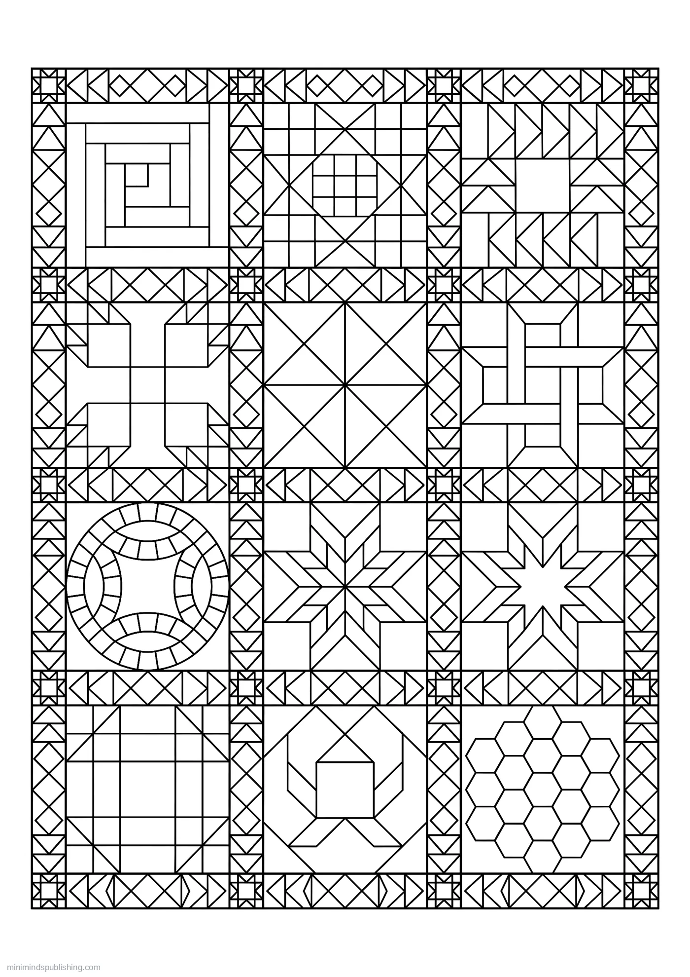 Sampler of Twelve Different Patchwork Quilt Blocks โ free printable intricate patterns coloring page for adults