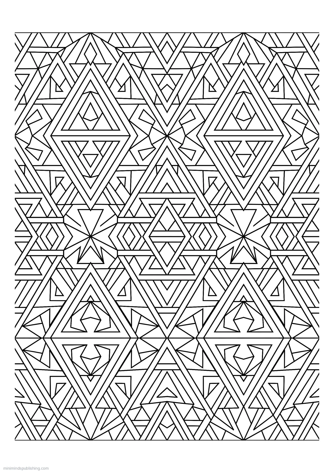 Square Kaleidoscope Pattern Built from Large Triangles โ free printable intricate patterns coloring page for adults