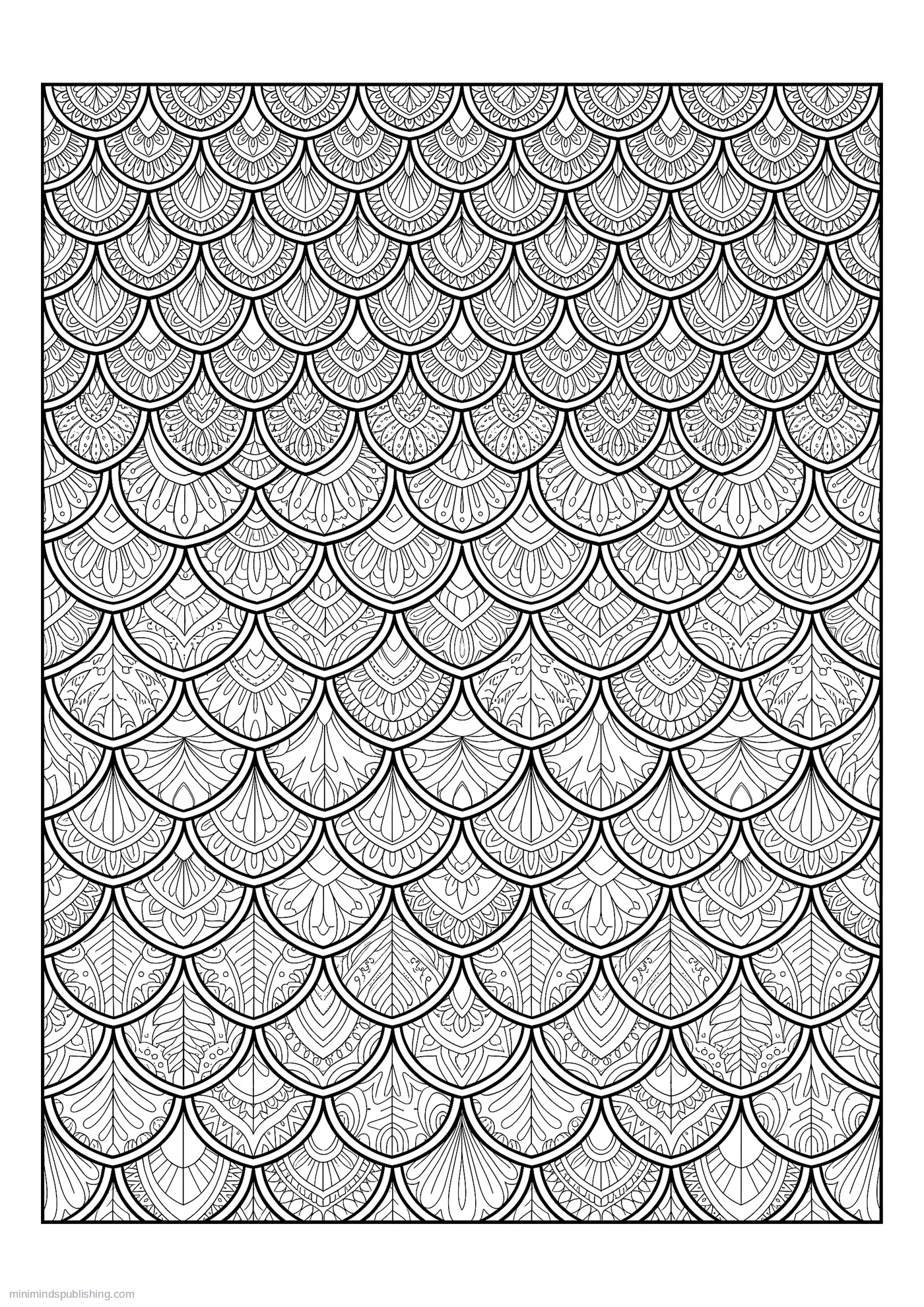 Overlapping Feather Scales in Graded Rows โ free printable intricate patterns coloring page for adults