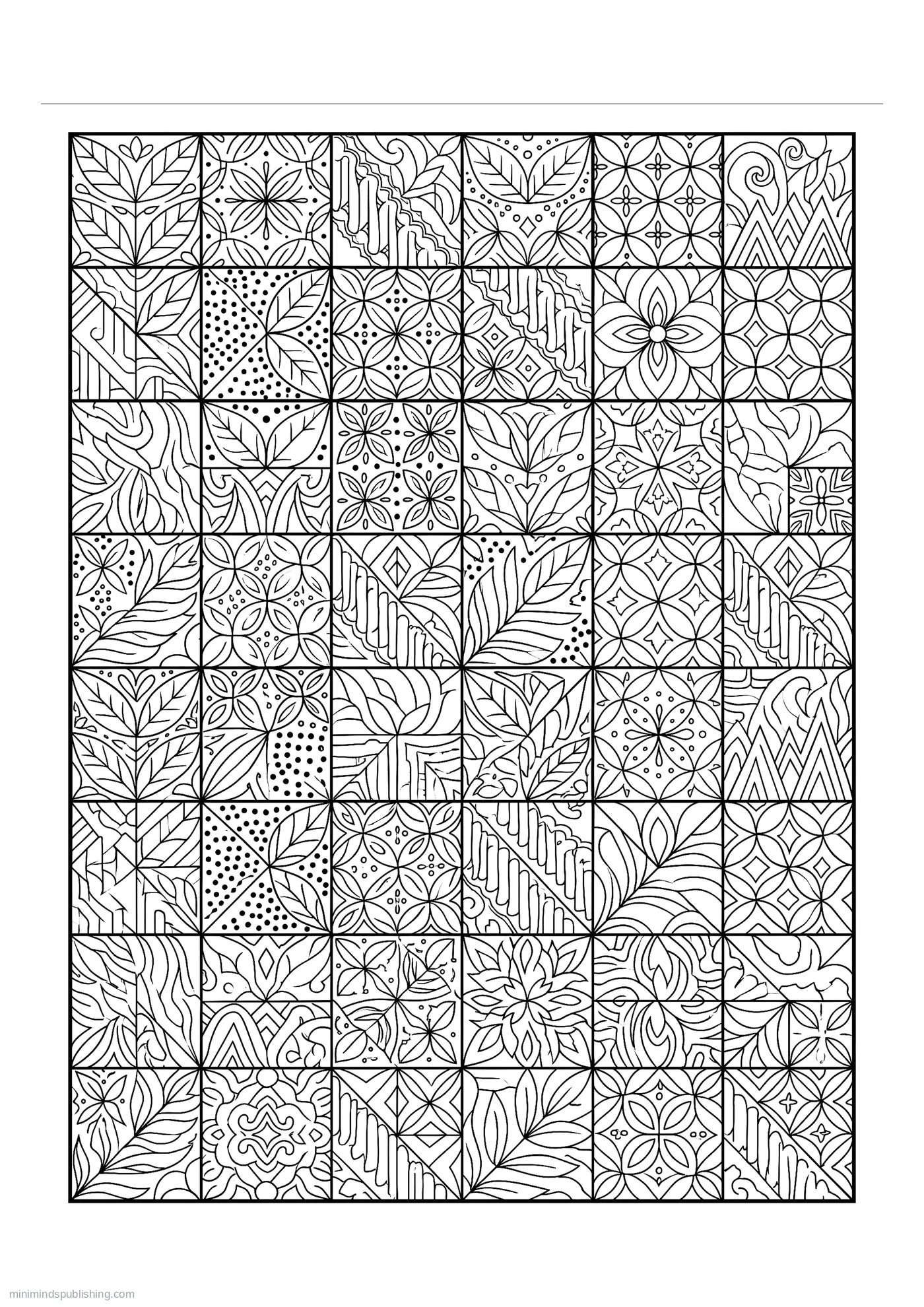 Batik-inspired Panel of Dots, Leaves and Combs โ free printable intricate patterns coloring page for adults