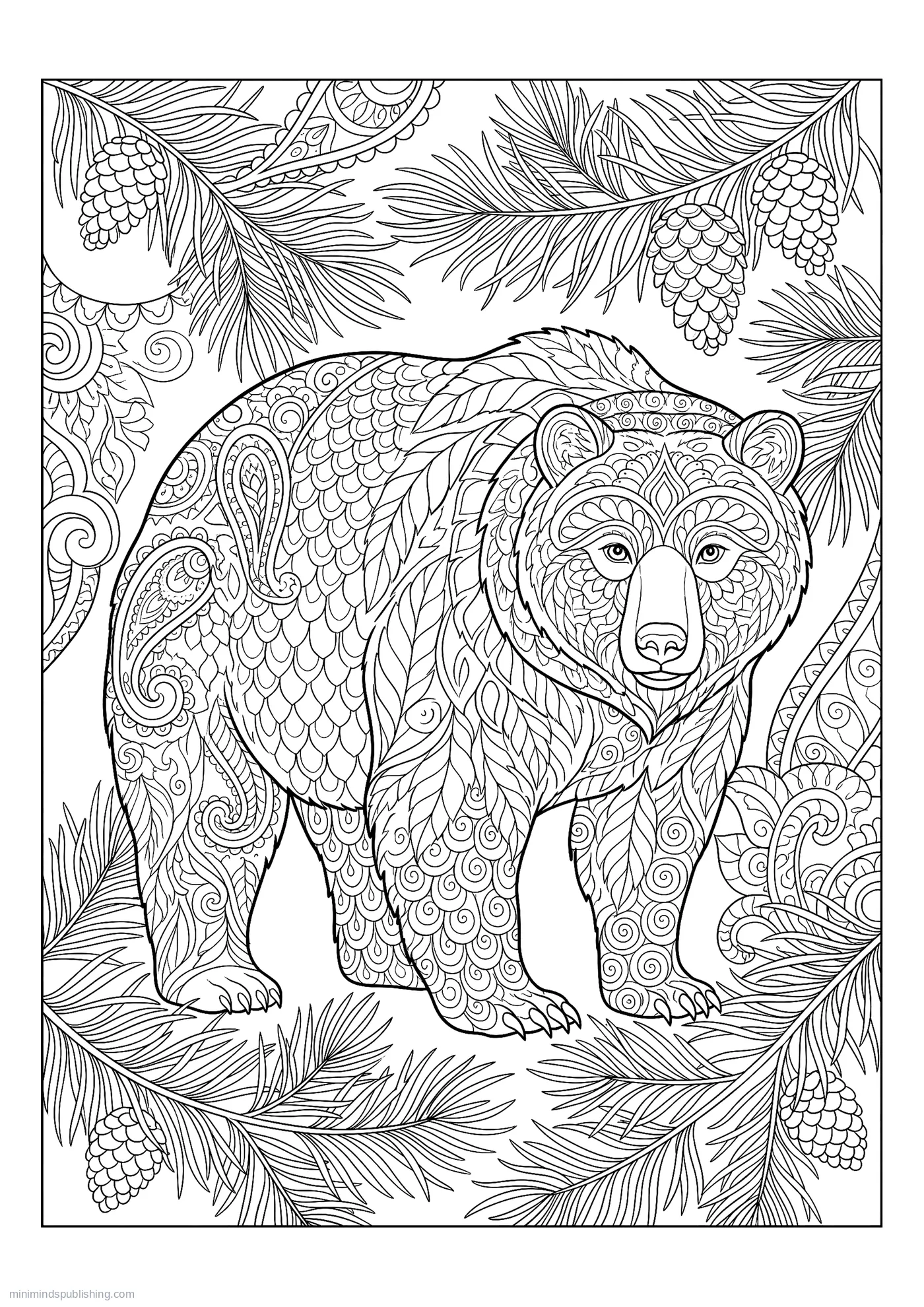 Bear Standing among Pine Boughs โ free printable majestic animals coloring page for adults