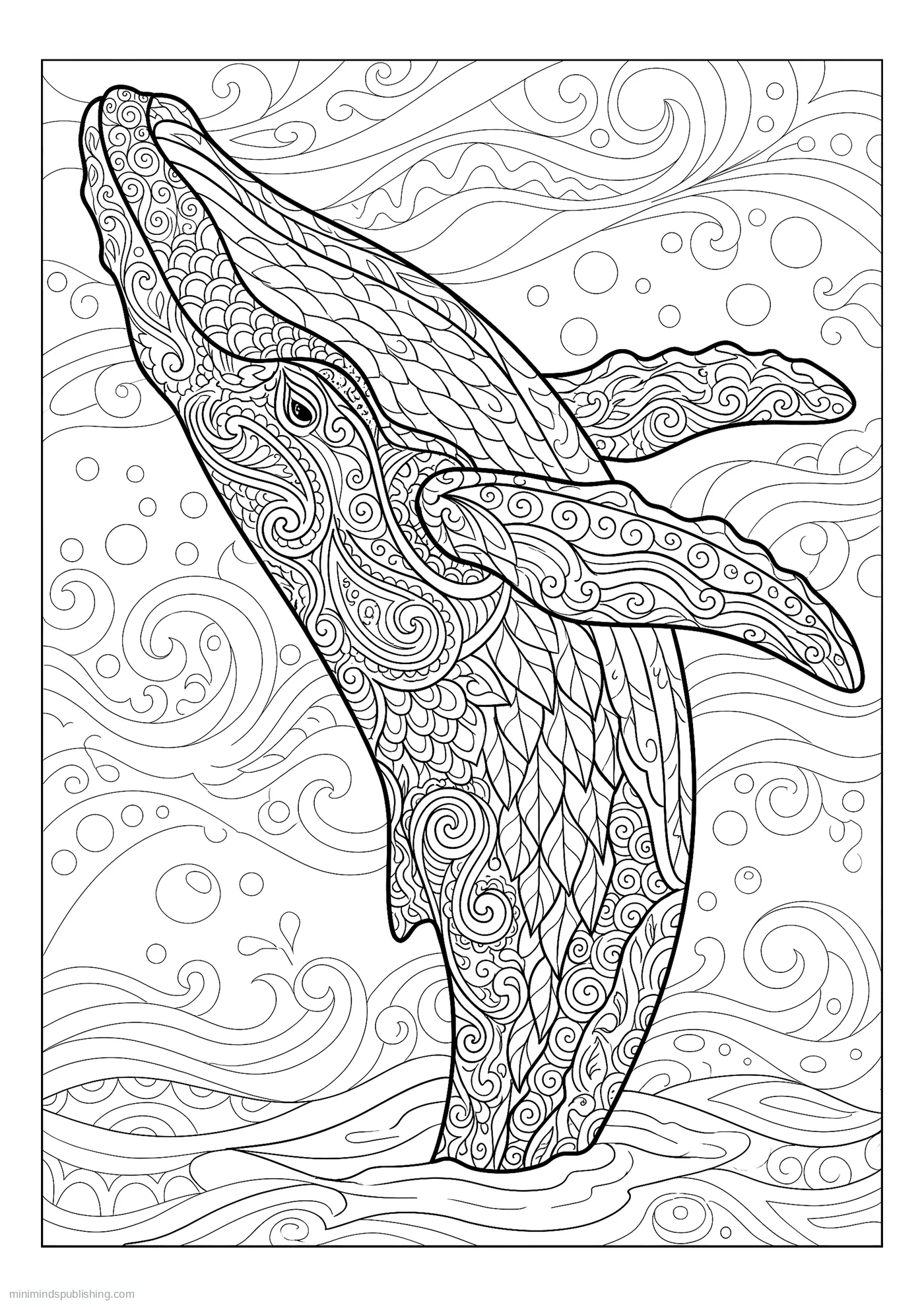 Breaching Whale Whose Body Is Filled with Wave Patterns โ free printable majestic animals coloring page for adults