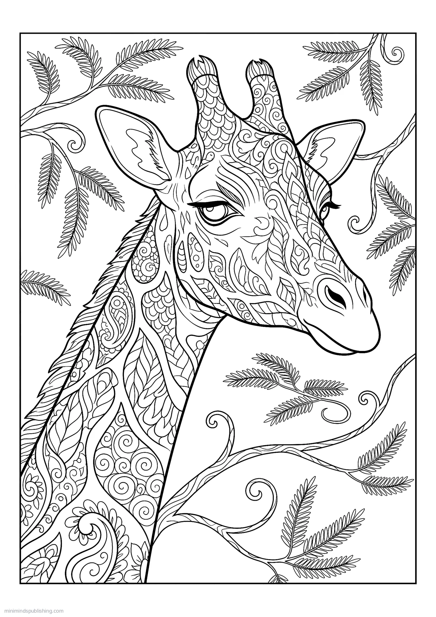 Giraffe with a Decorated Coat and Acacia Leaves โ free printable majestic animals coloring page for adults