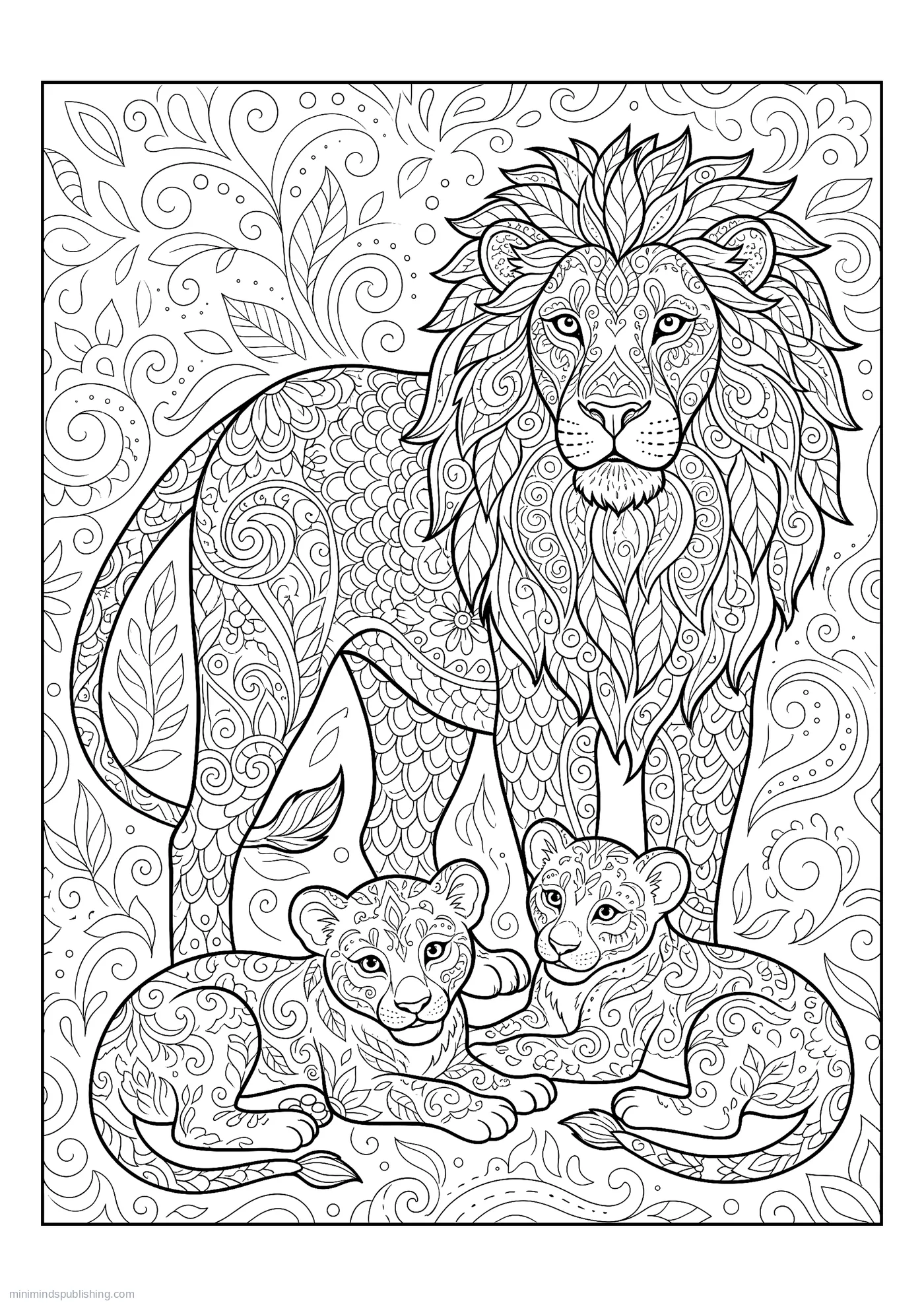 Lion Resting with Two Cubs โ free printable majestic animals coloring page for adults