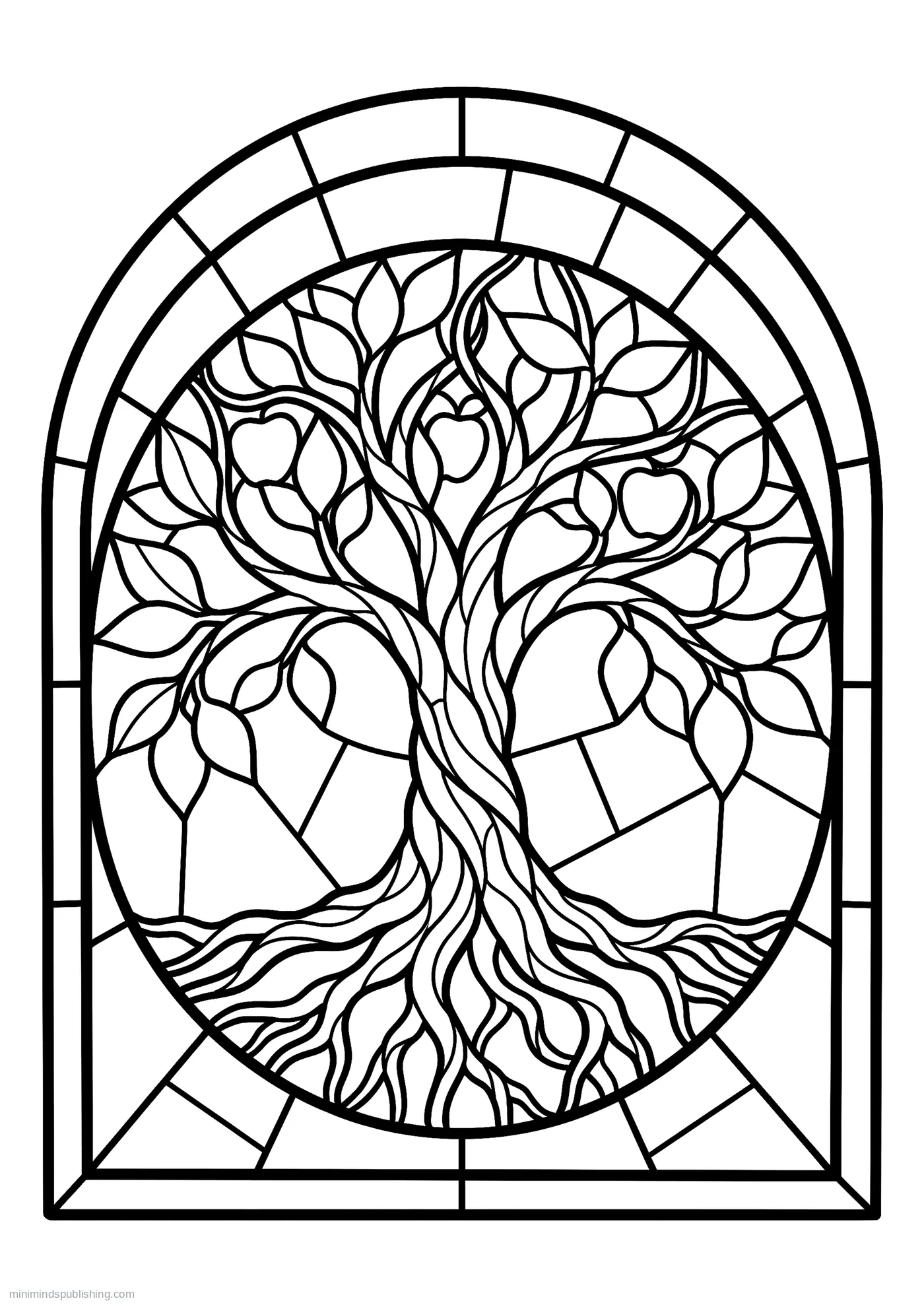 Tree of Life with Spreading Roots and Branches โ free printable stained glass coloring page for adults