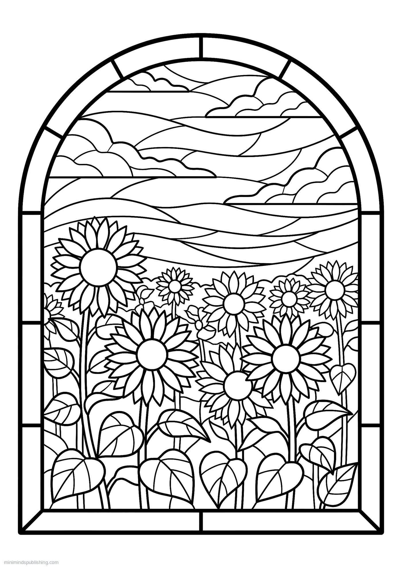Field of Sunflowers Under a Wide Sky โ free printable stained glass coloring page for adults