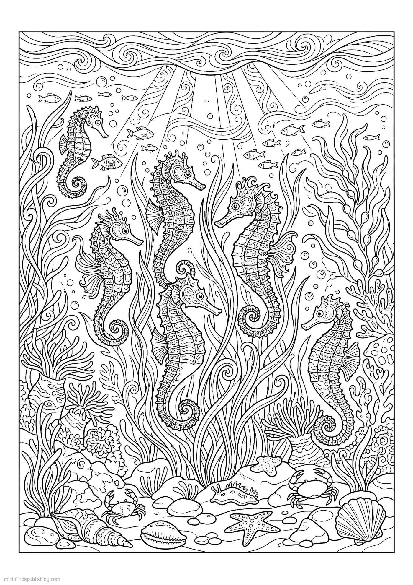 Garden of Seahorses among Sea Grass โ free printable under the sea coloring page for adults