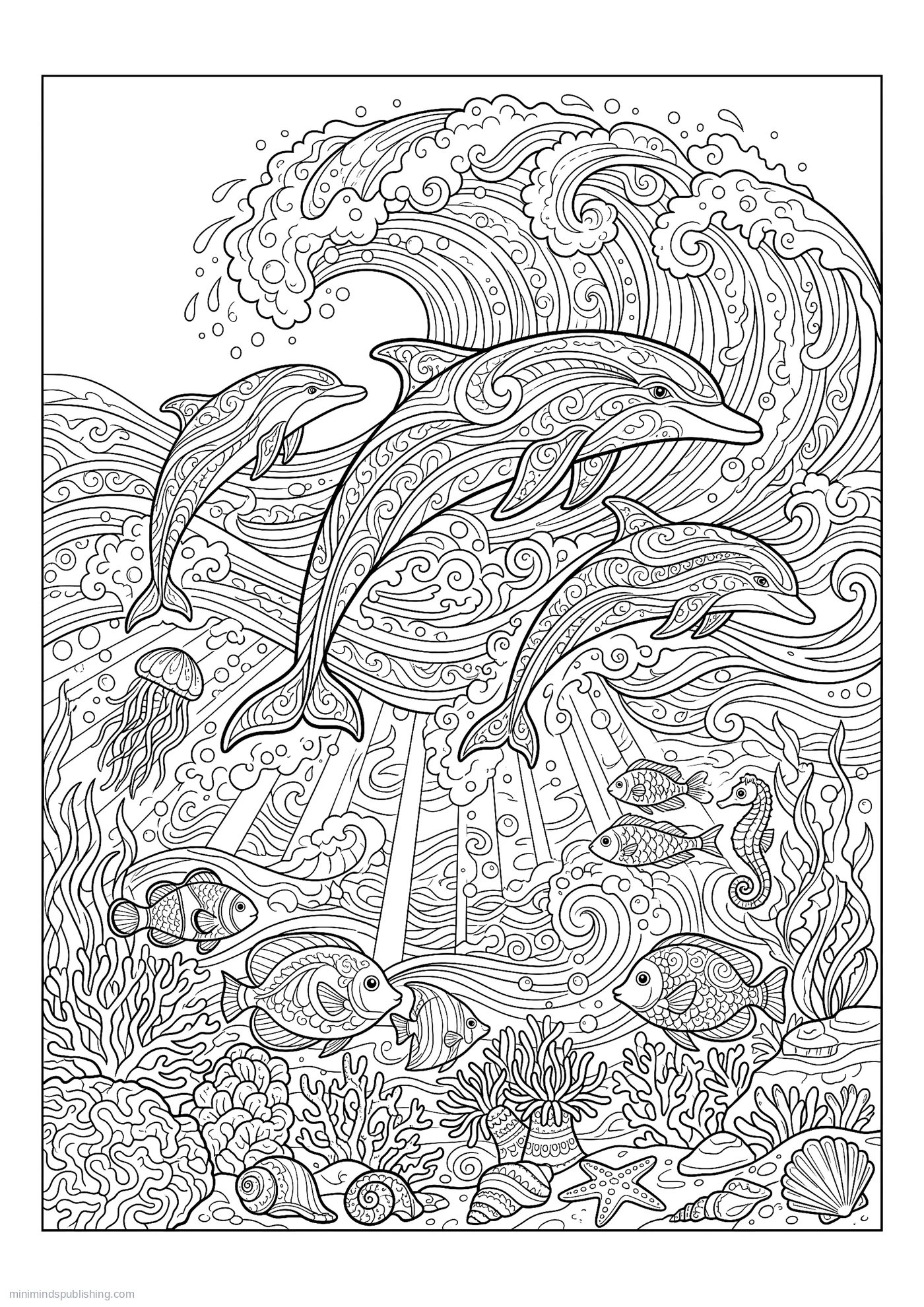 Dolphins Arcing through Breaking Waves โ free printable under the sea coloring page for adults