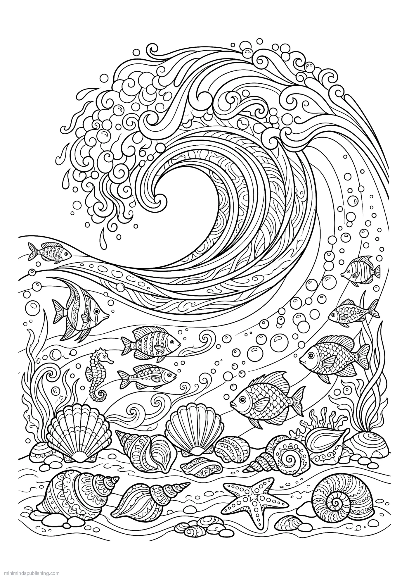 Great Curling Wave Breaking over Scattered Shells โ free printable under the sea coloring page for adults