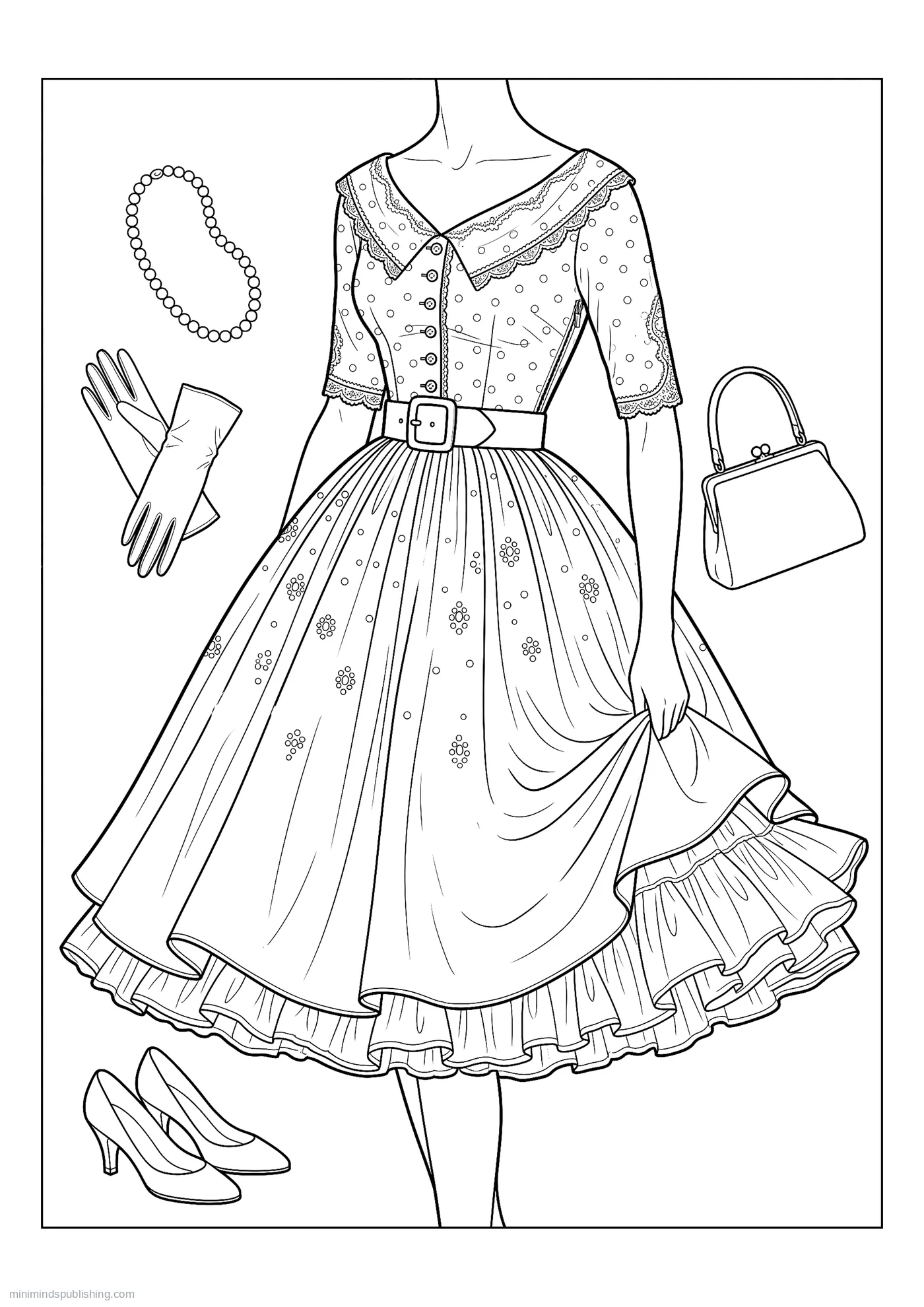 1950s Tea Dress over a Full Petticoat โ free printable vintage fashion coloring page for adults