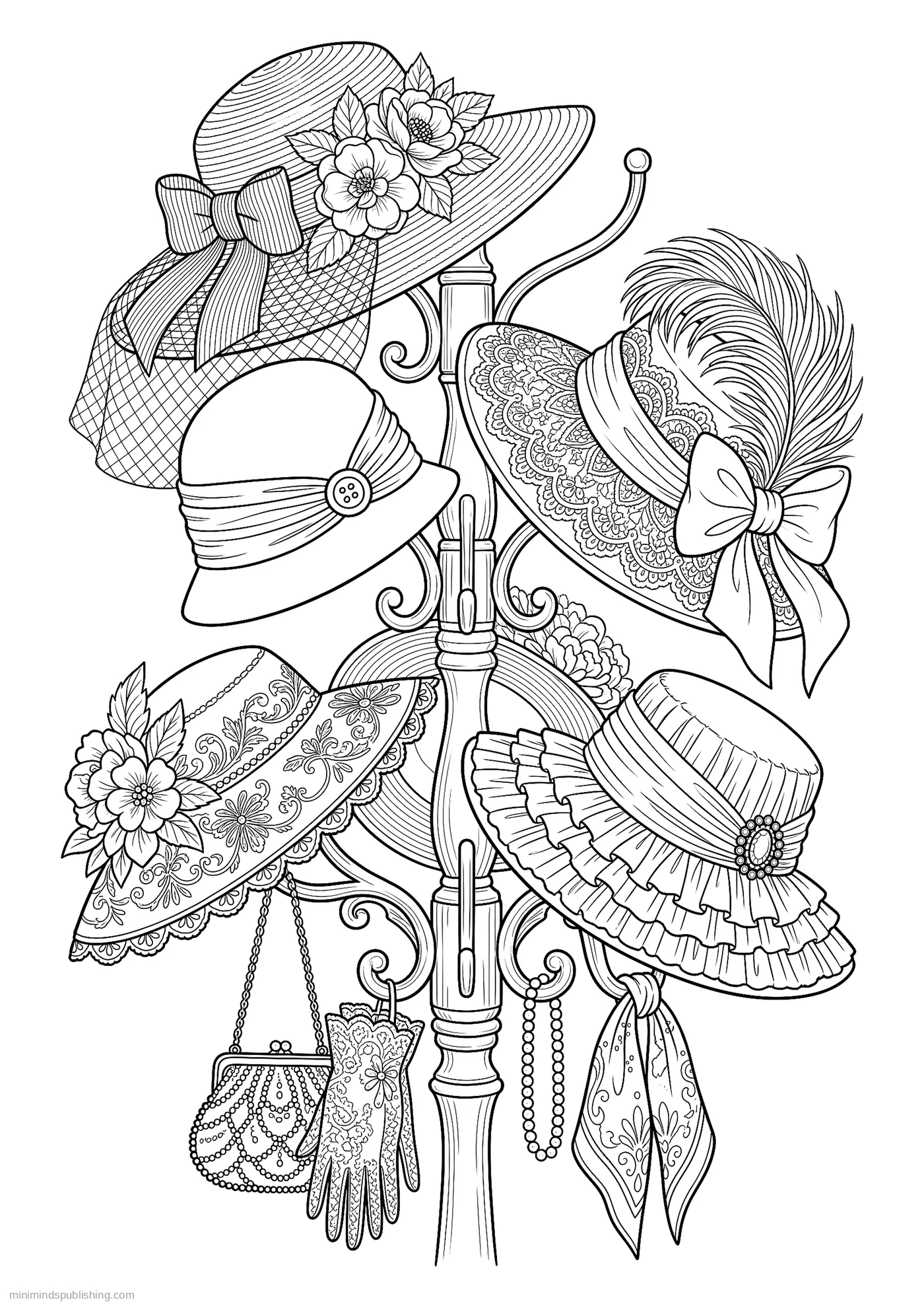 Hat Stand Crowded with Wide-brimmed Hats — free printable vintage fashion coloring page for adults