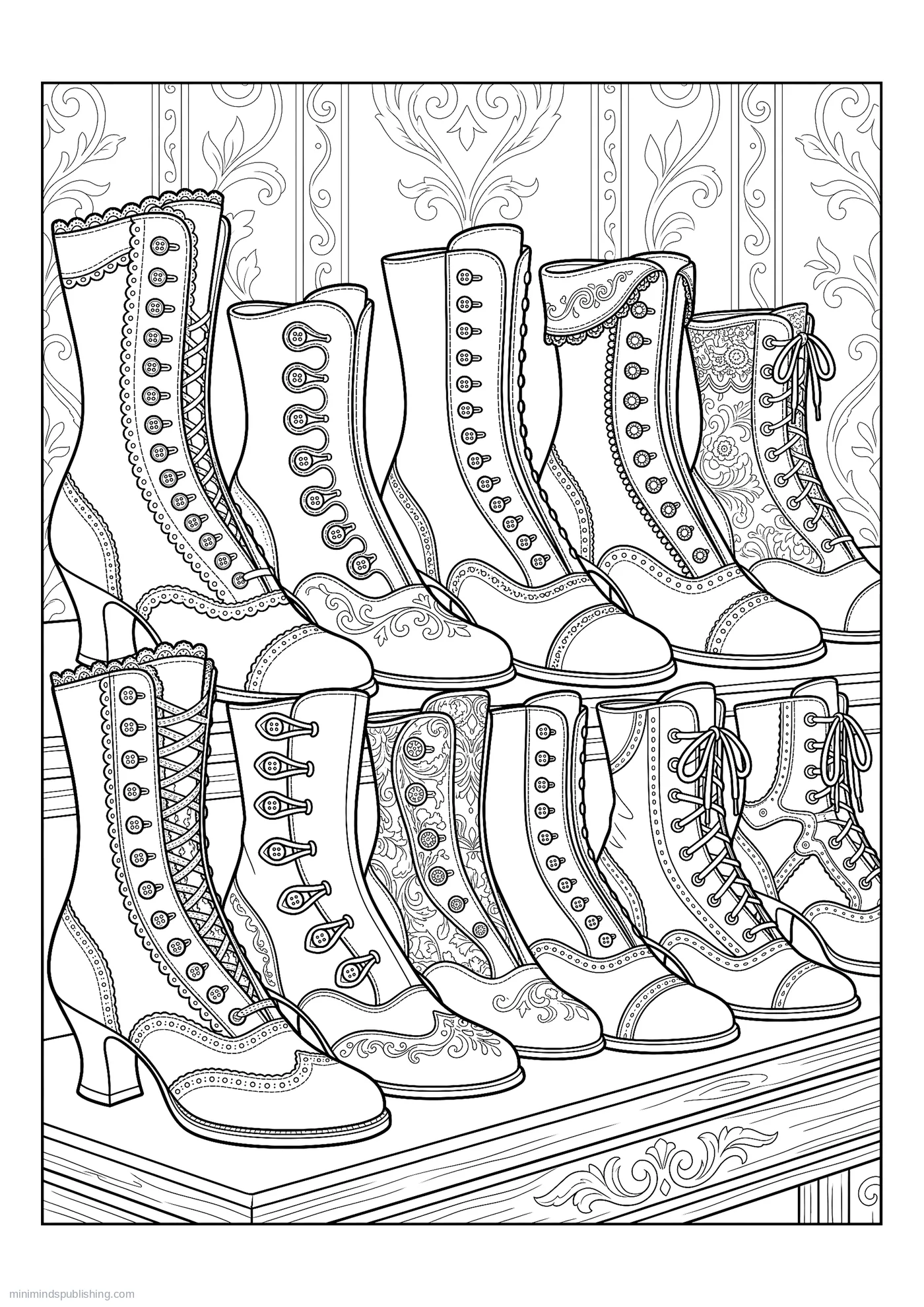 Row of Buttoned Leather Boots — free printable vintage fashion coloring page for adults
