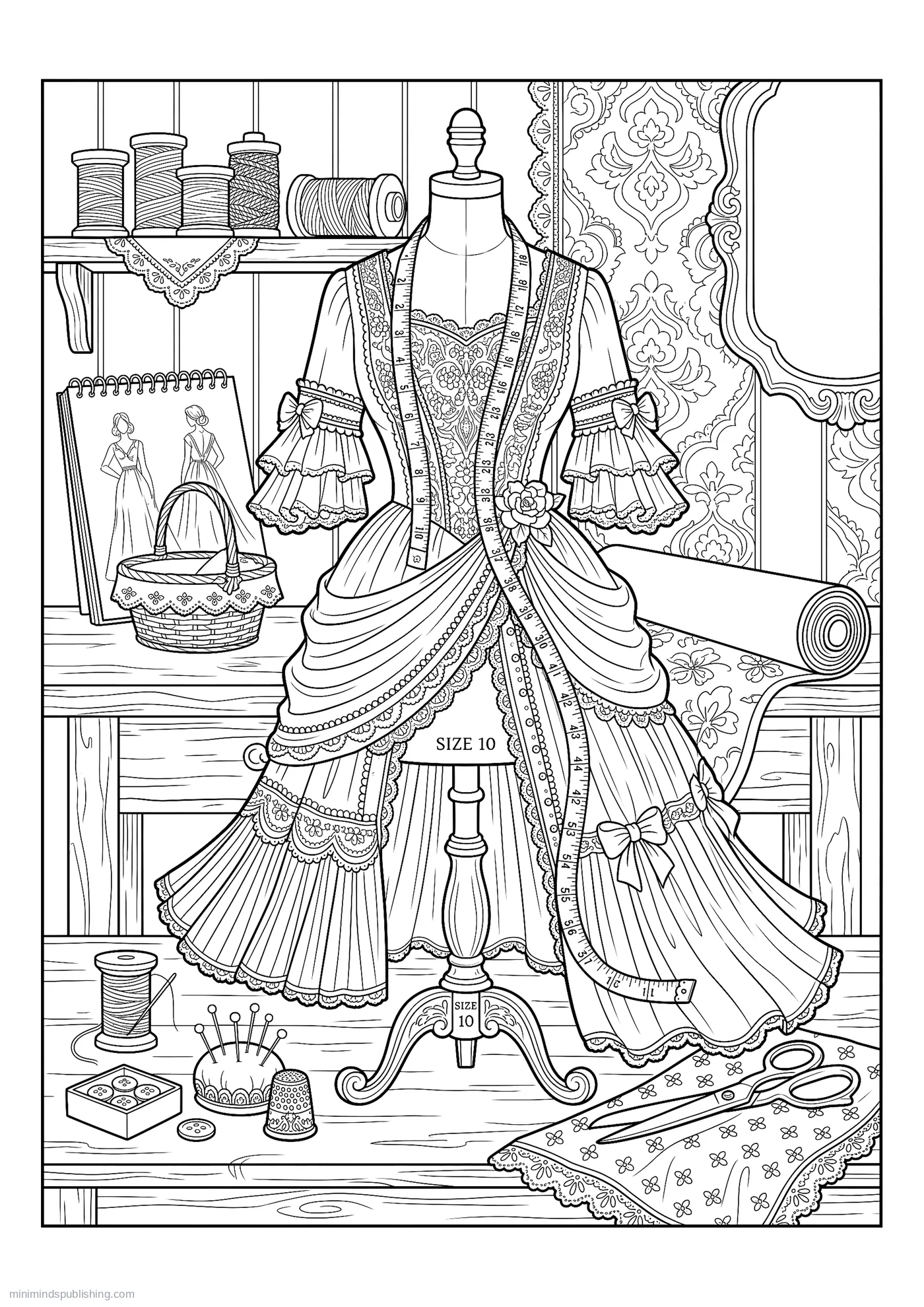 Dressmaker's Mannequin Draped with a Tape Measure โ free printable vintage fashion coloring page for adults