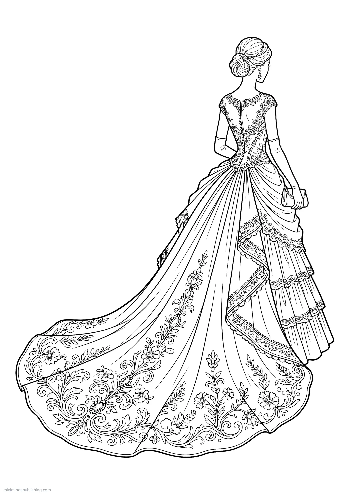 Ball Gown with a Sweeping Embroidered Train โ free printable vintage fashion coloring page for adults
