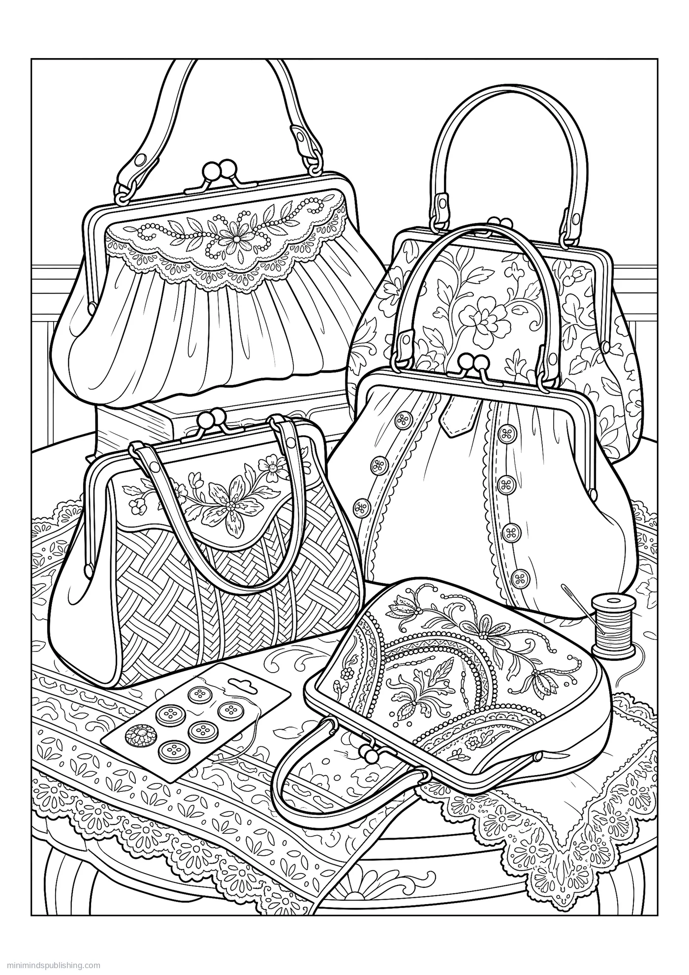 Collection of Clasped Handbags — free printable vintage fashion coloring page for adults
