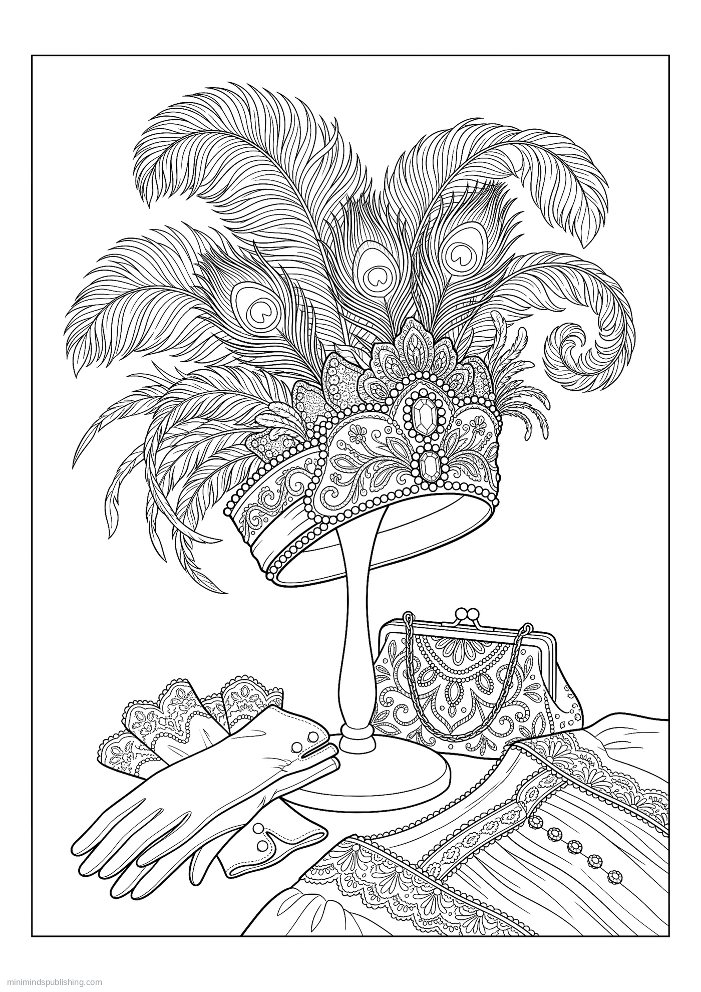 Feathered Evening Headdress — free printable vintage fashion coloring page for adults