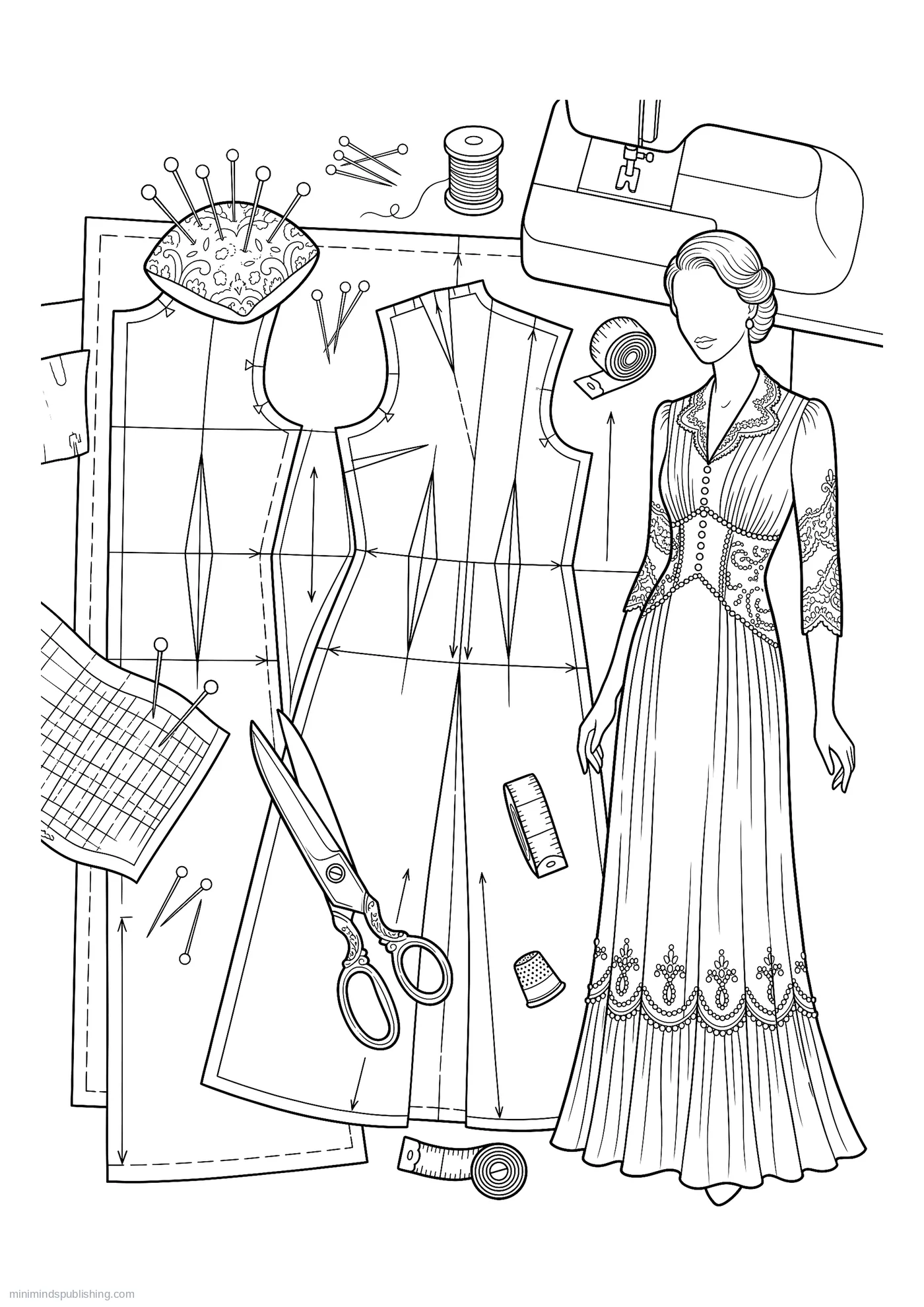 Dressmaker's Paper Pattern with Shears and Pins โ free printable vintage fashion coloring page for adults