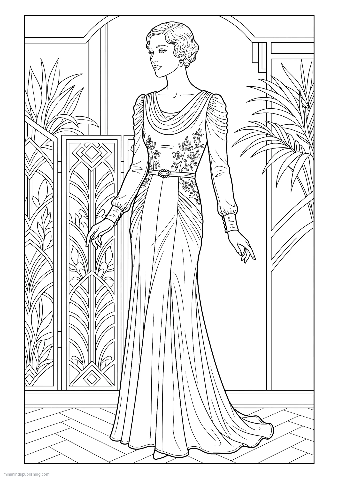 1930s Bias-cut Satin Gown — free printable vintage fashion coloring page for adults