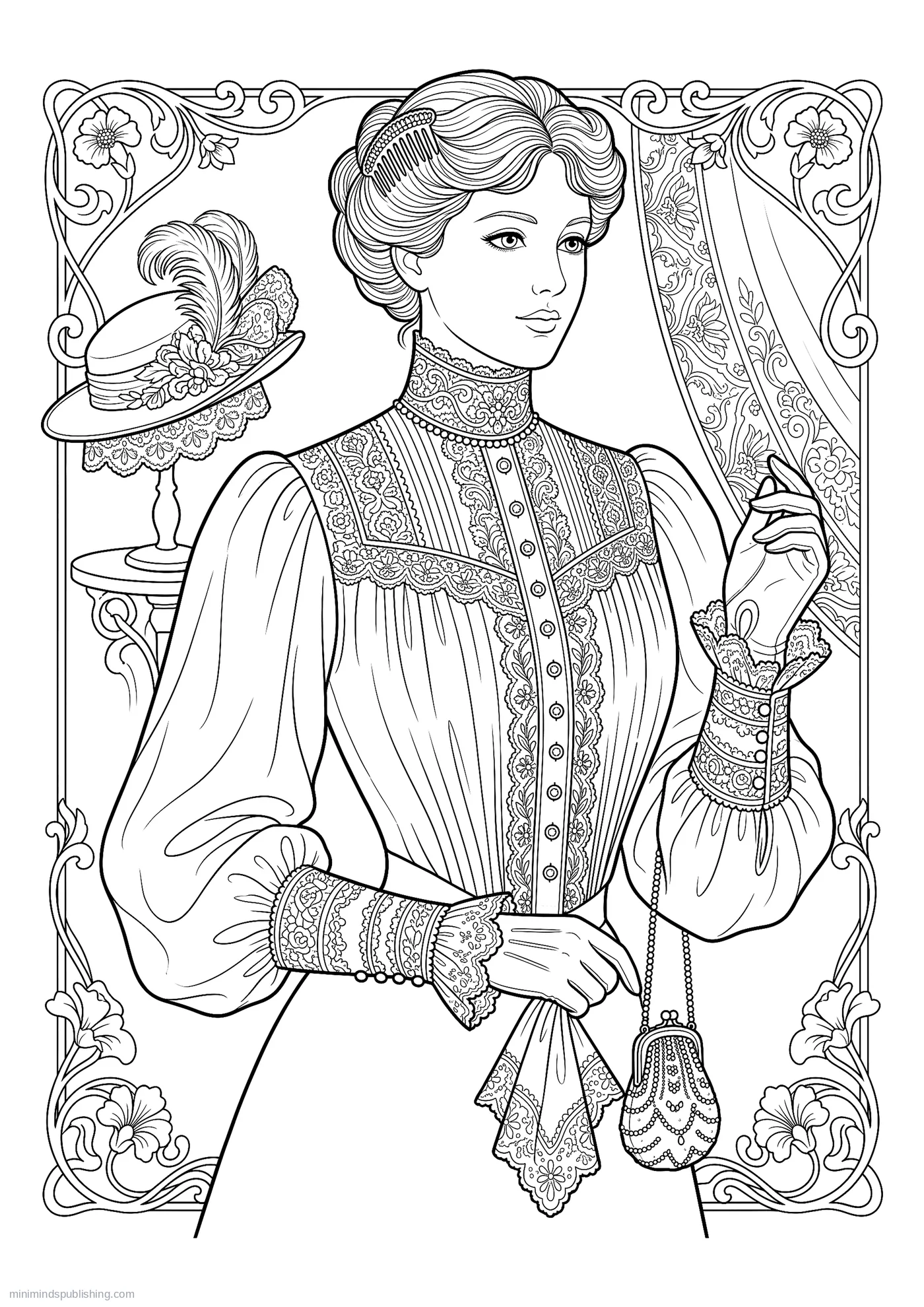 Edwardian Blouse with a High Lace Collar — free printable vintage fashion coloring page for adults