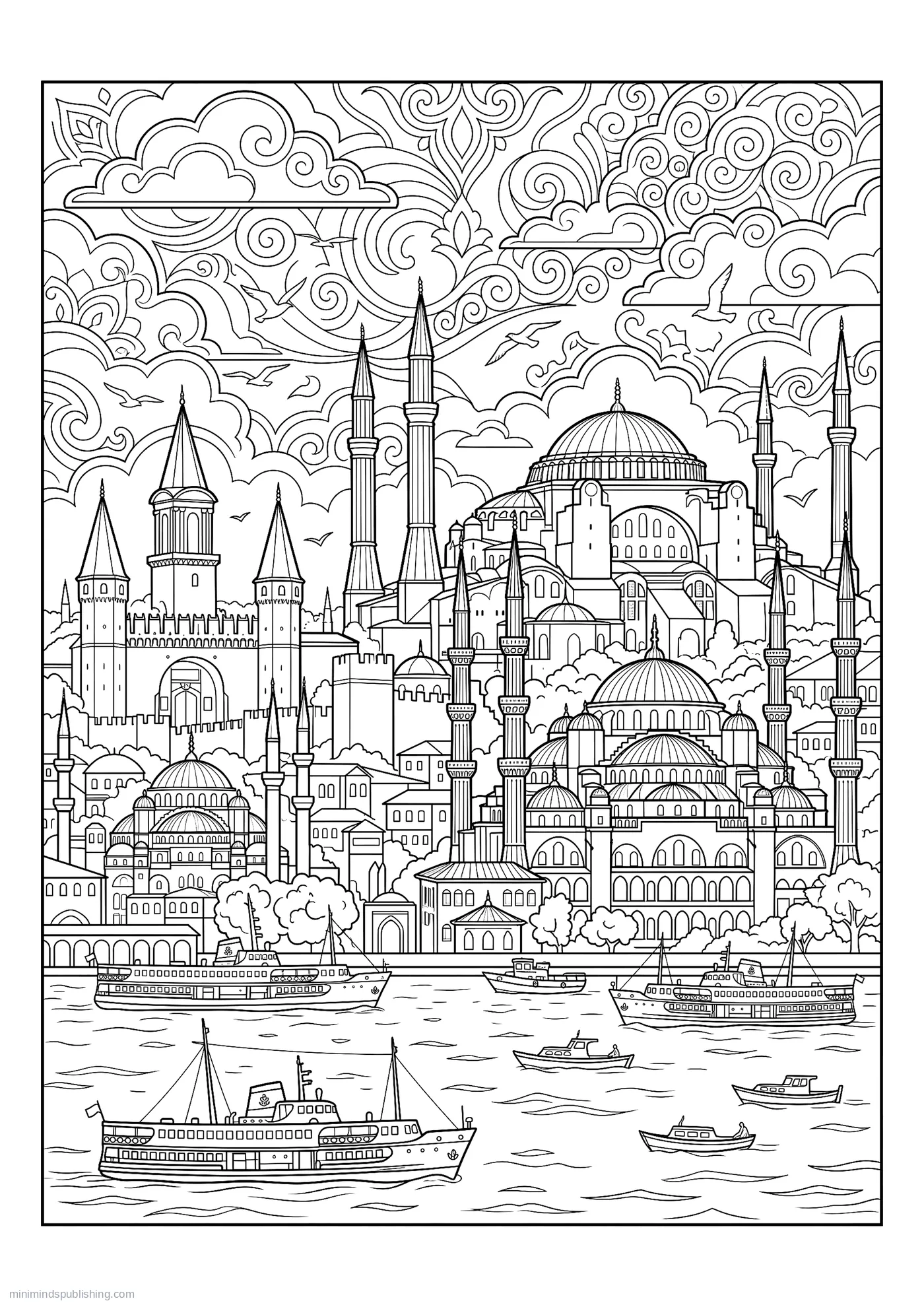 Istanbul Skyline of Domes and Minarets Across the Water โ free printable world landmarks coloring page for adults