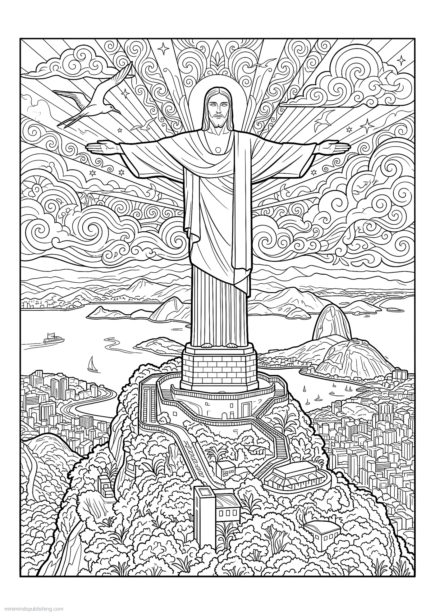 Statue of Christ the Redeemer above the Hills of Rio โ free printable world landmarks coloring page for adults