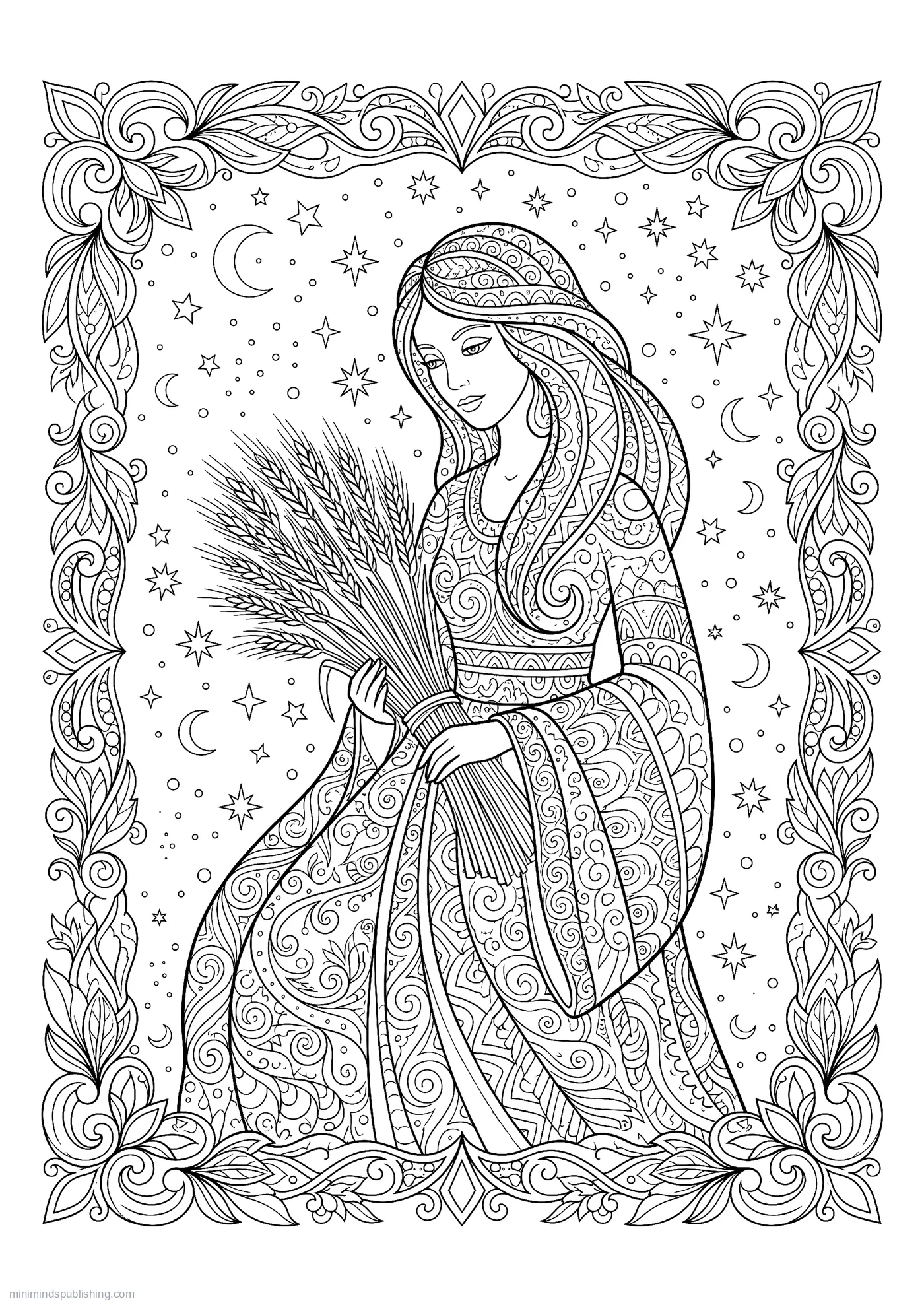 Virgo Maiden Holding a Sheaf of Wheat โ free printable zodiac signs coloring page for adults