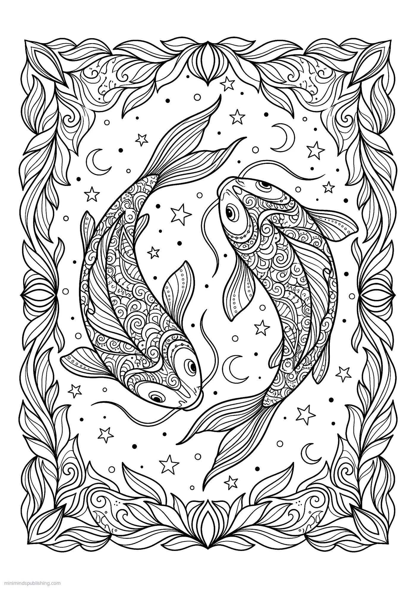 Pisces Two Fish Circling One Another โ free printable zodiac signs coloring page for adults
